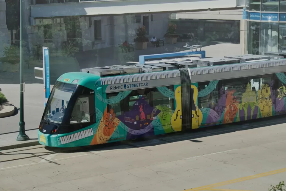 Kansas City streetcar with colorful wrap at Union Station